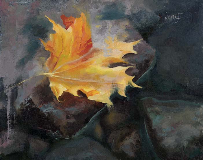 Maple leaf on rocks in water, oil painting by Lene Fredriksen